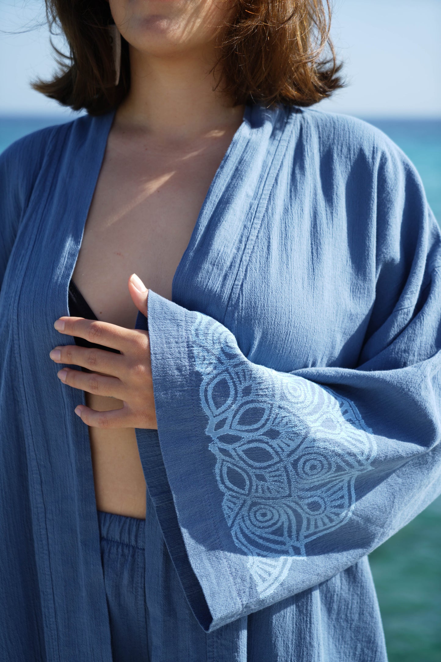 Mandala Kimono | Ahşap Baskılı Yırtmaçlı Uzun Kimono | %100 Pamuk Şile Bezi