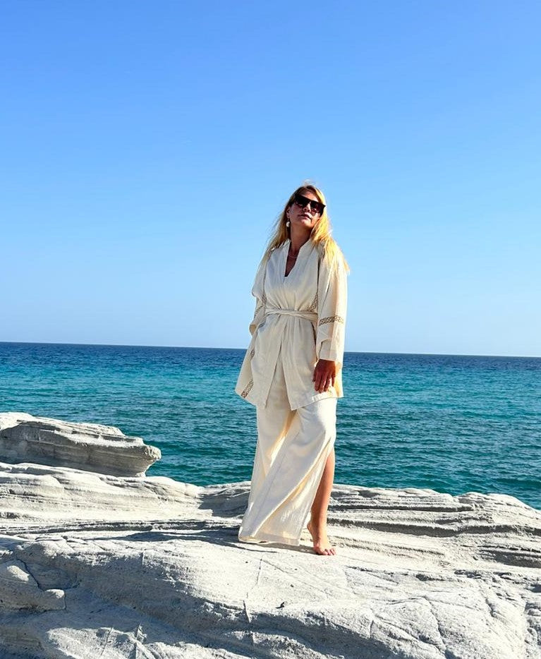 Su Yolu Ahşap Baskılı Unisex Şile Bezi Kimono | %100 Pamuk | Ekolojik Boyalı