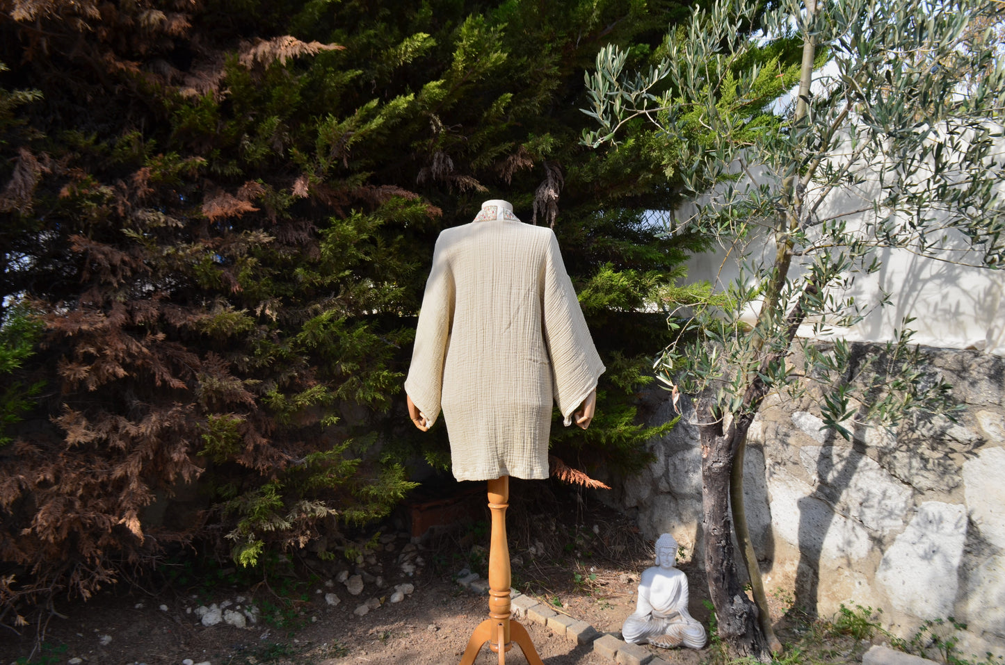 Etnik Şeritli Bej Kısa Kimono