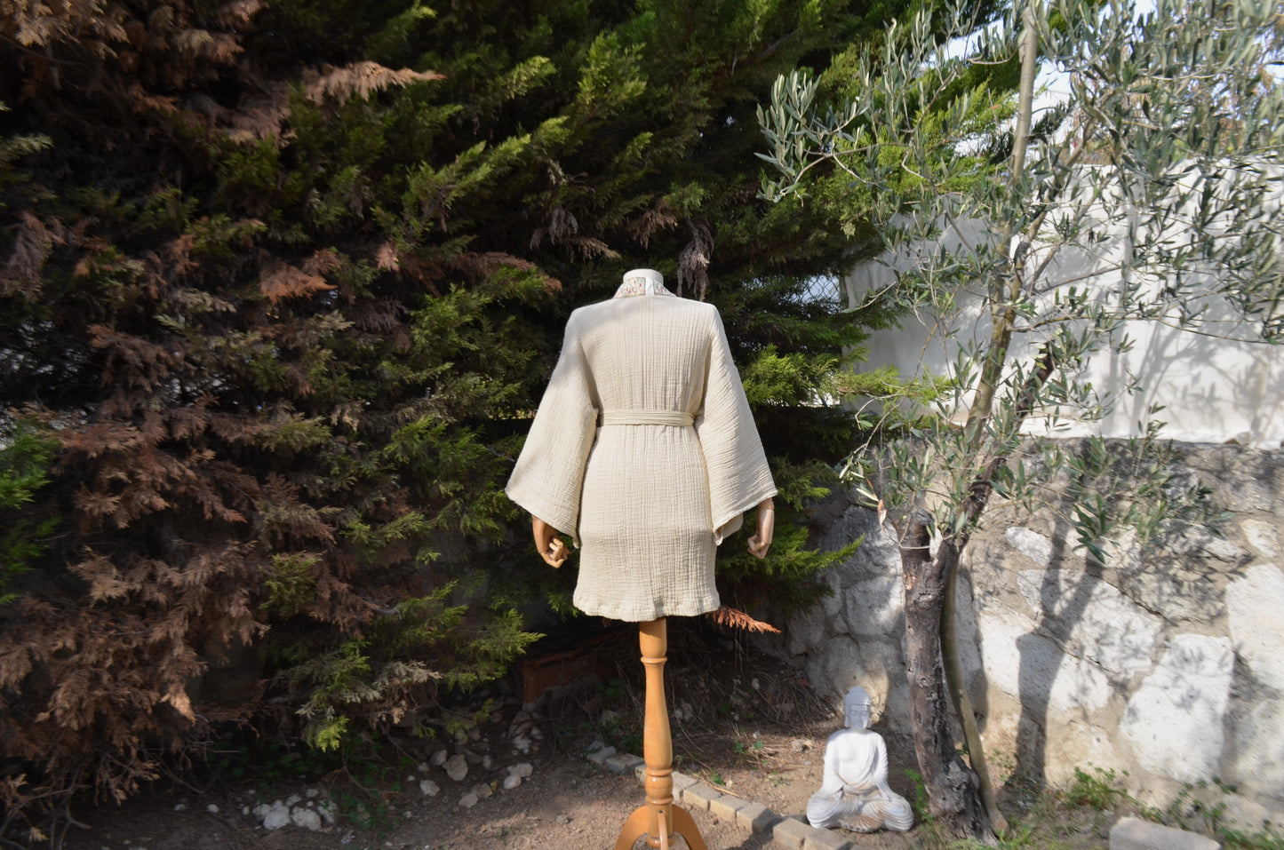 Etnik Şeritli Bej Kısa Kimono