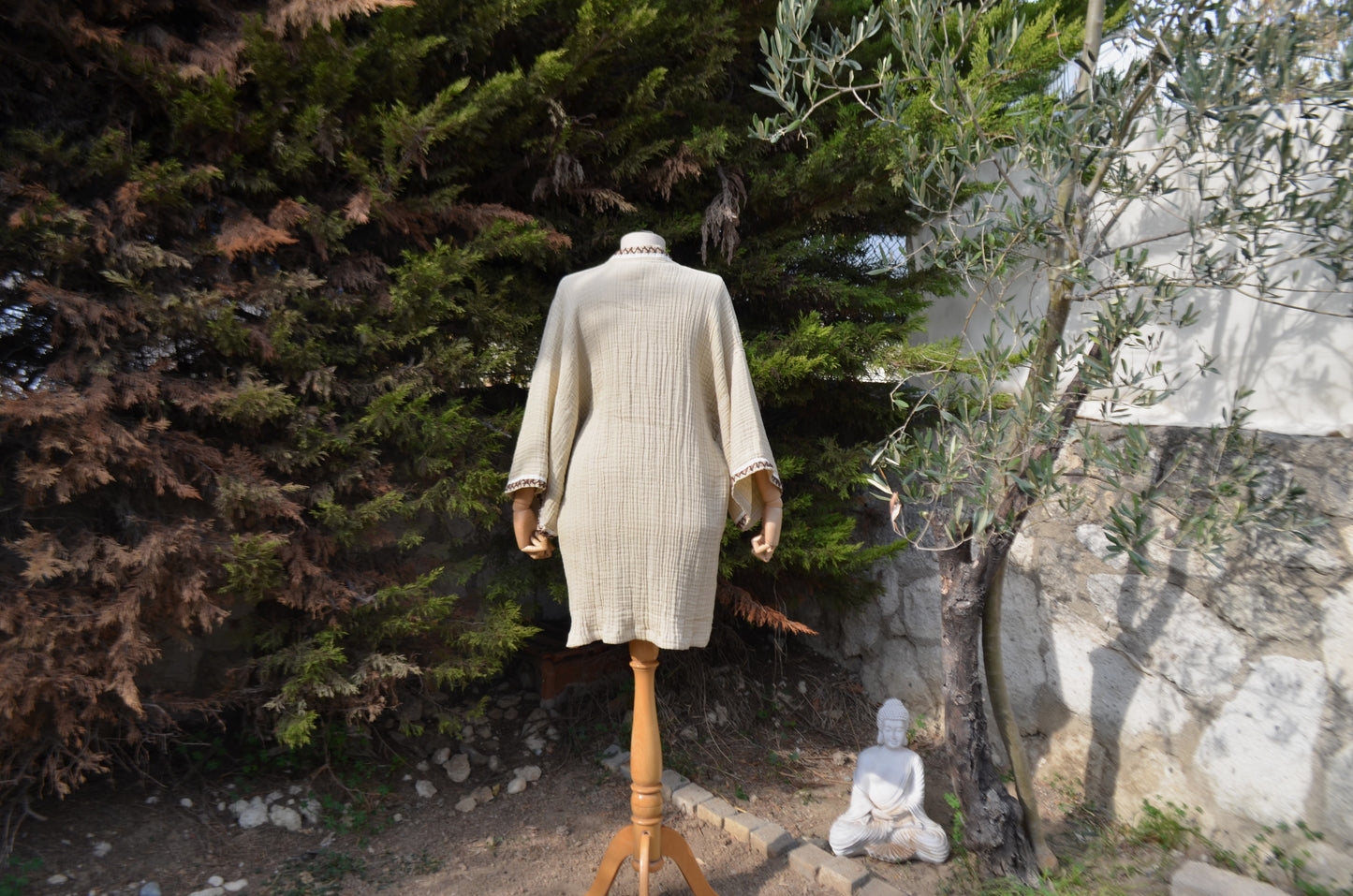 Kahverengi Örgü Detaylı Bej Kısa Kimono