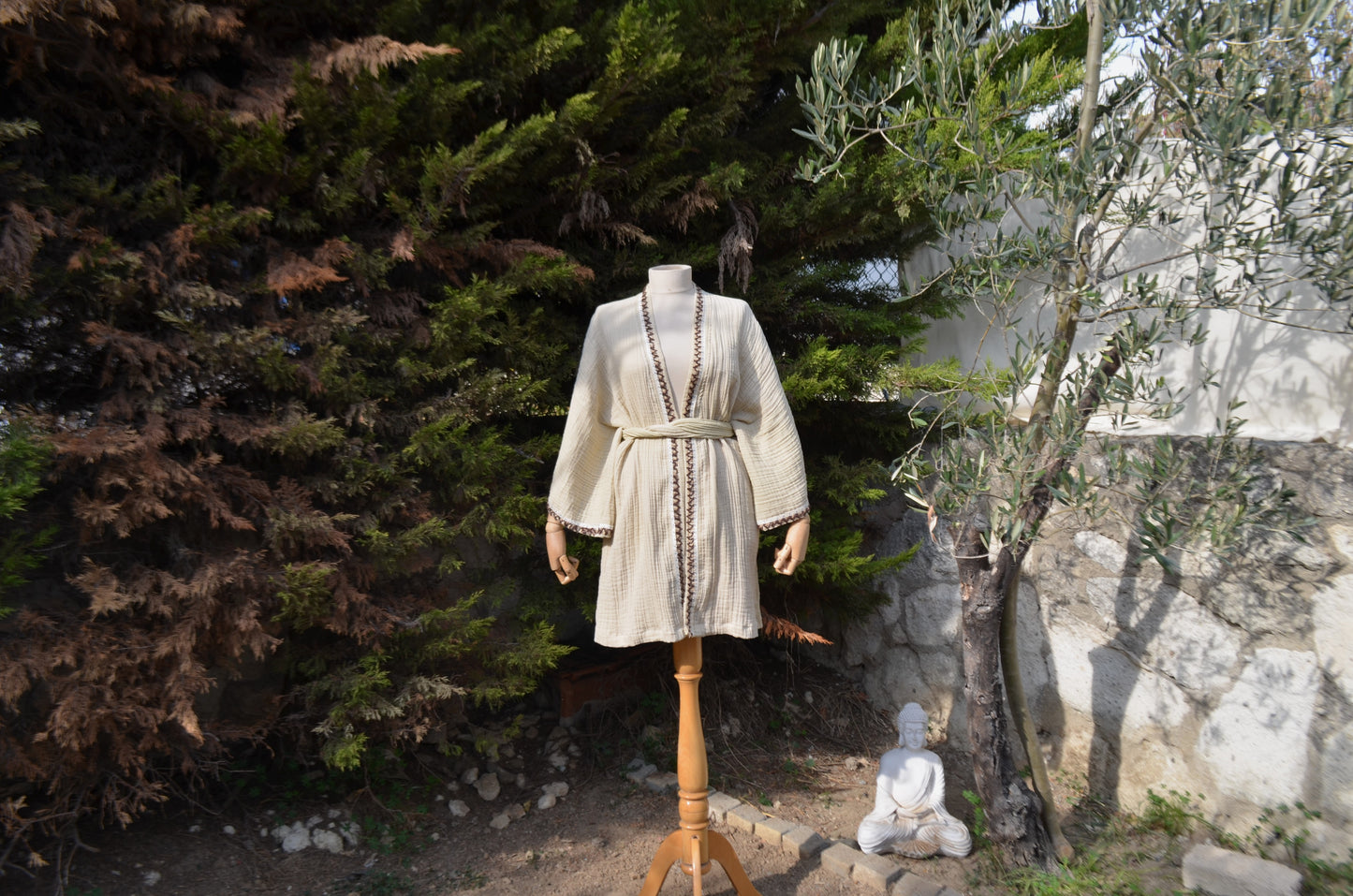 Kahverengi Örgü Detaylı Bej Kısa Kimono