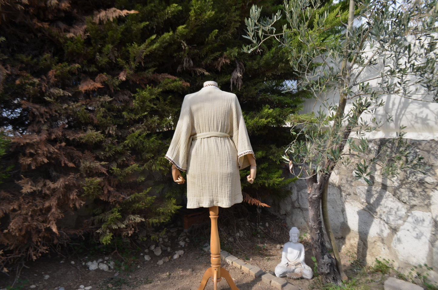Kahverengi Örgü Detaylı Bej Kısa Kimono