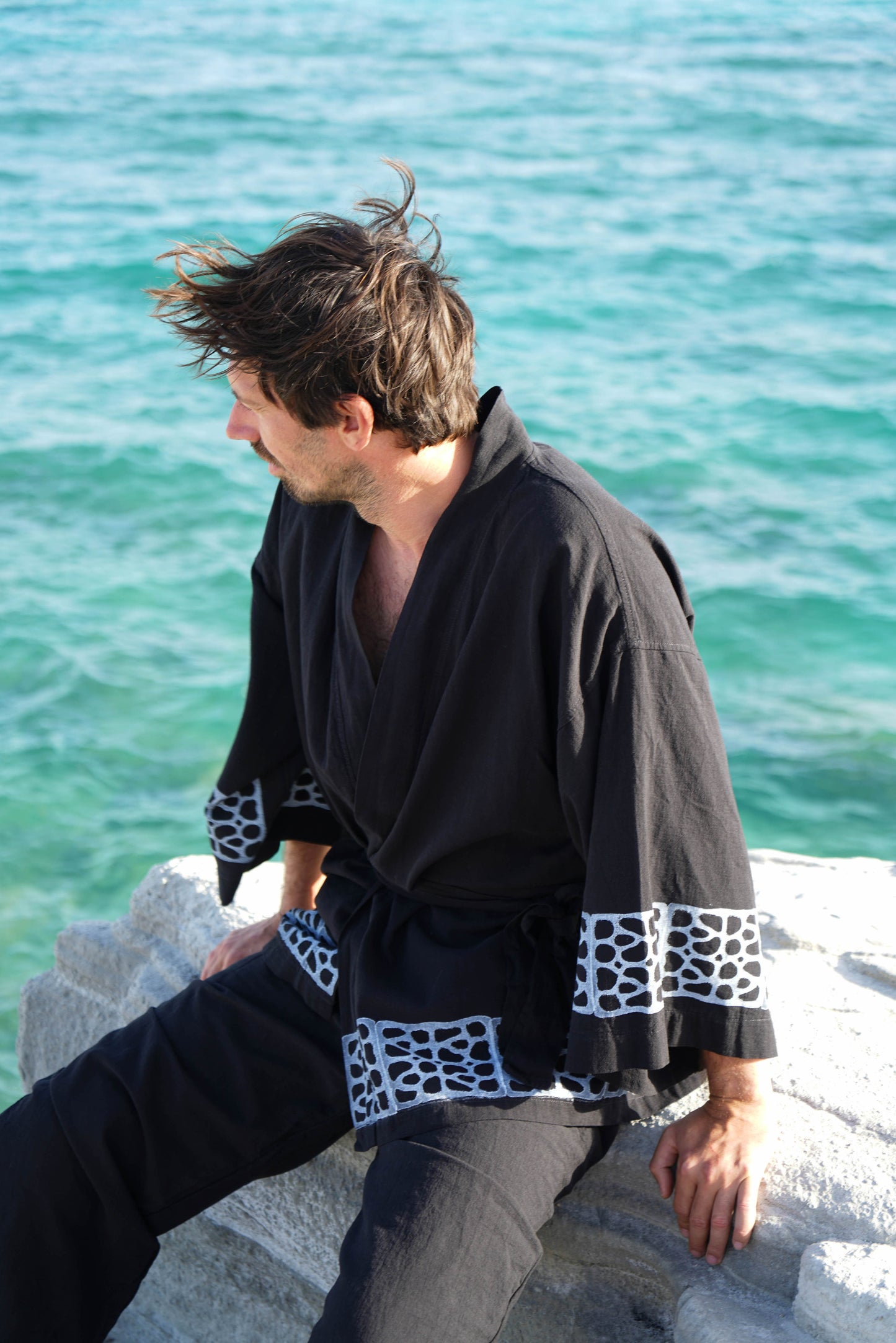 Dama Ahşap Baskılı Unisex Keten Kimono | Pamuk-Keten | Ekolojik Boyalı