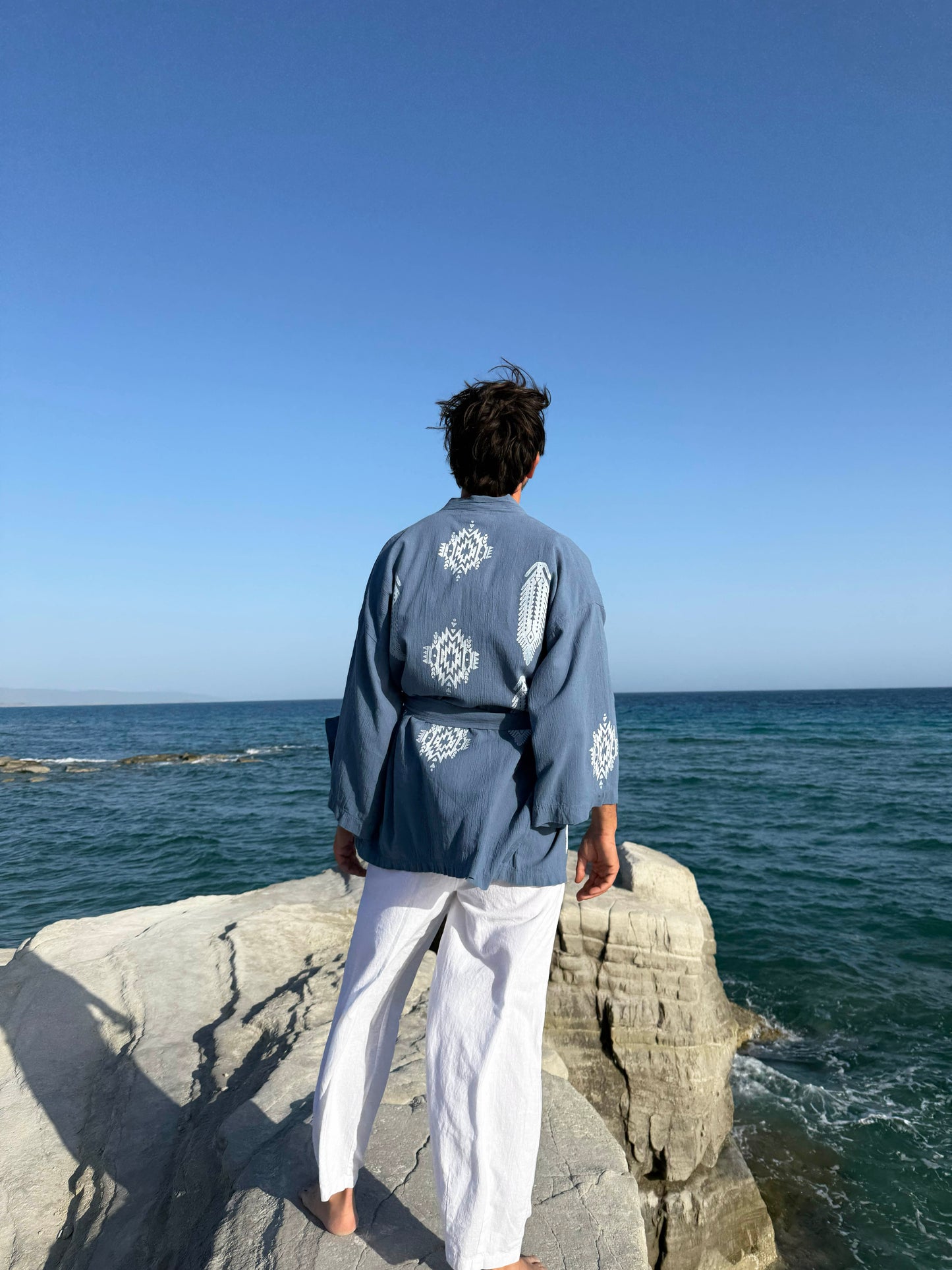 Etnik I Ahşap Baskılı Unisex Mavi Şile Bezi Kimono | %100 Pamuk | Ekolojik Boyalı