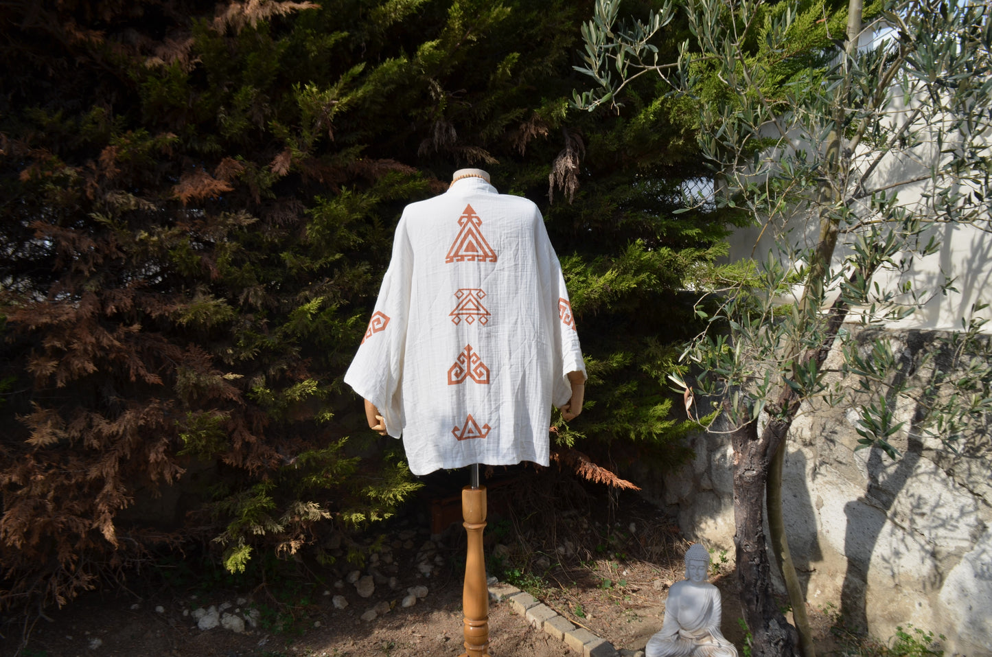 Etnik Baskılı Krem Kısa Kimono