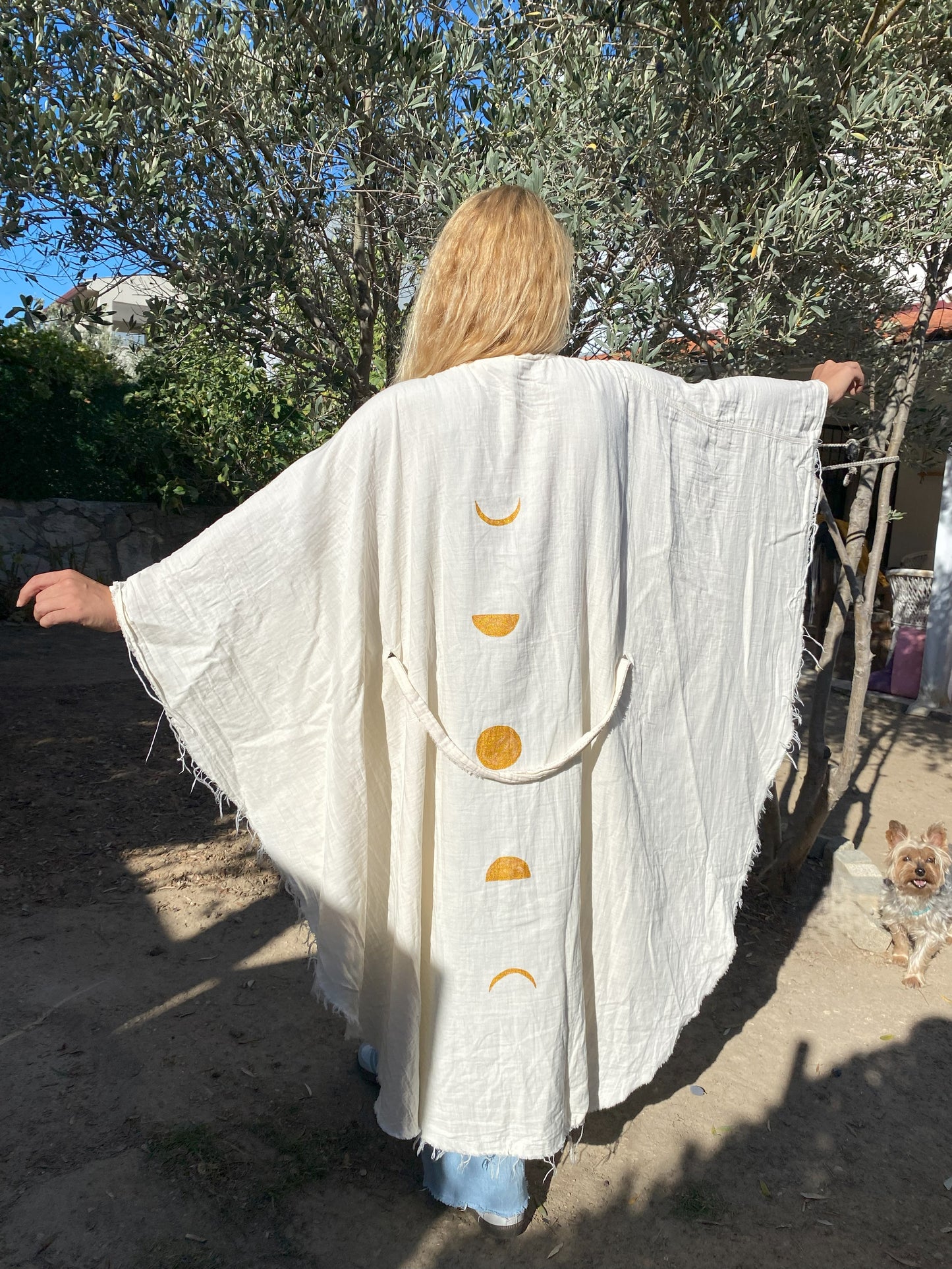 Yarasa Model Kimono Panço | İki Kat Müslin Kumaş Krem Rengi | Ayın Evreleri Çizimli