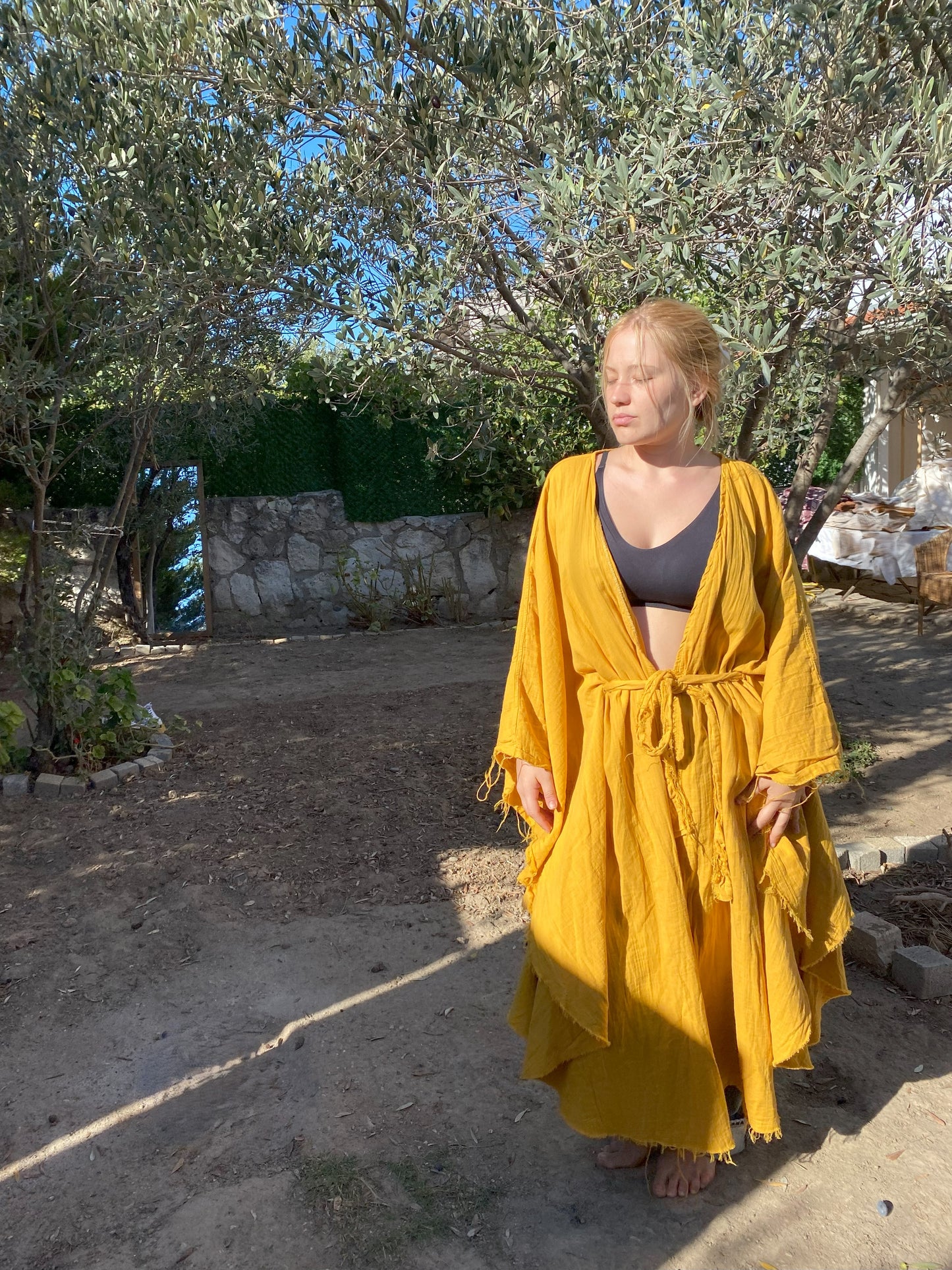 Yarasa Model Kimono Panço | İki Kat Müslin Kumaş Sarı Renk | Güneş Çizimli