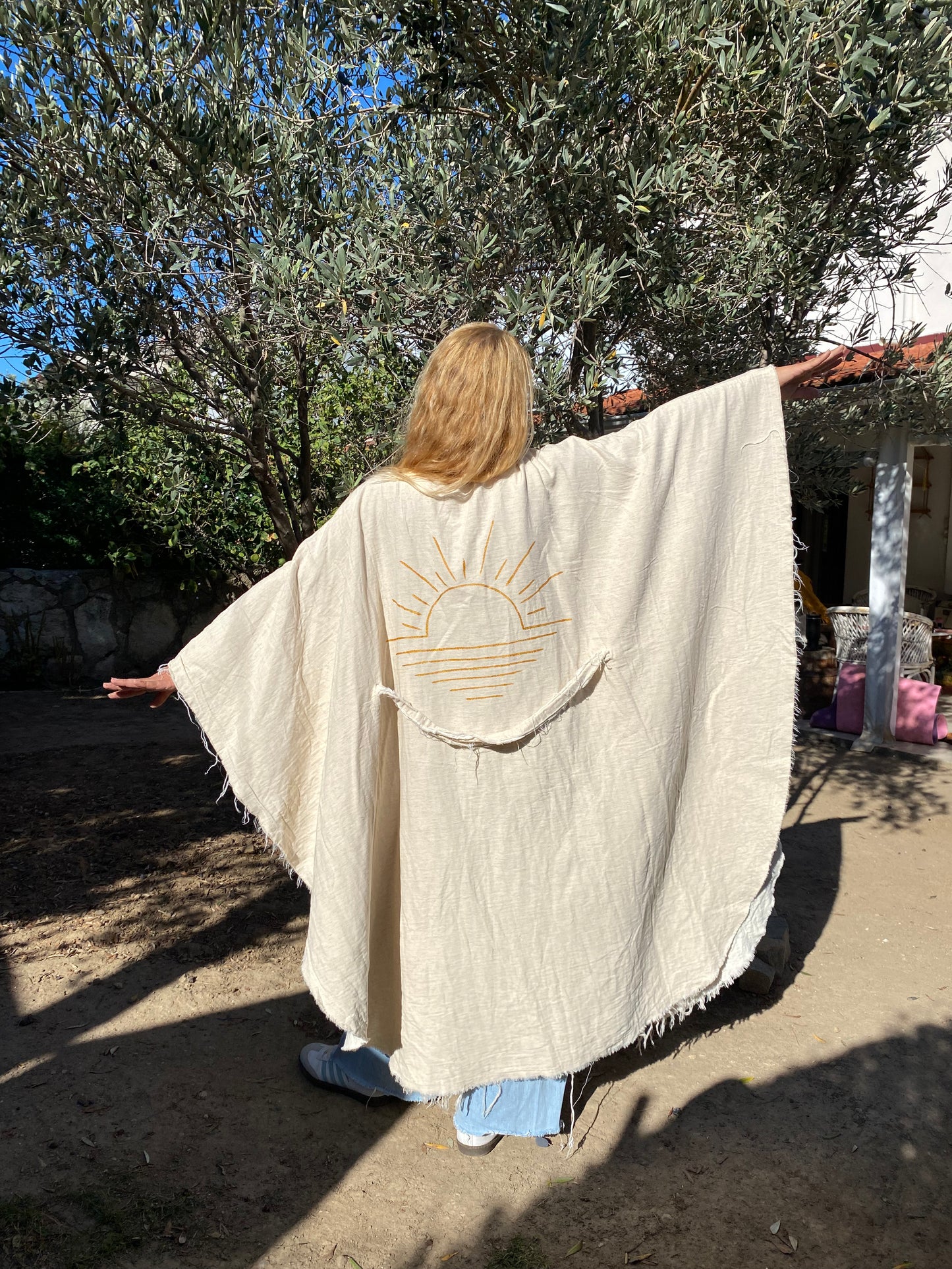 Yarasa Model Kimono Panço | İçi Müslin Dışı Keten | Güneş Çizimli
