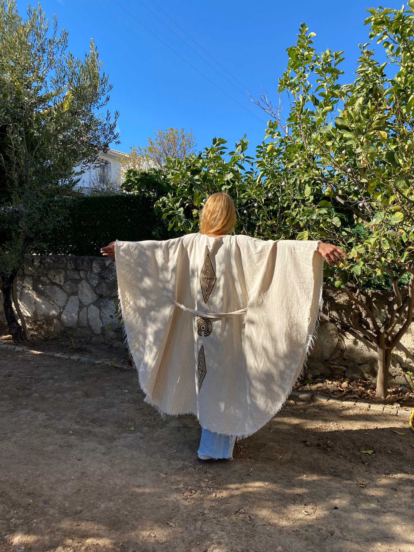 Ahşap Baskılı Yarasa Model Kimono Panço | İçi Müslin Dışı Keten | Etnik Desen