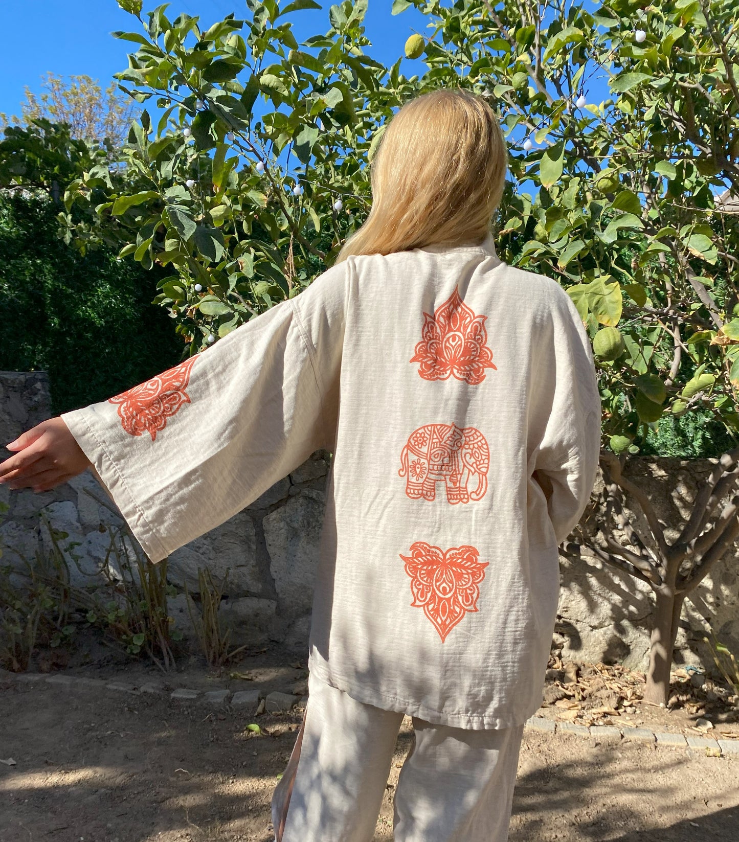 Ahşap Baskılı Kısa Kimono | İçi Müslin Dışı Keten | El Yapımı Desenler