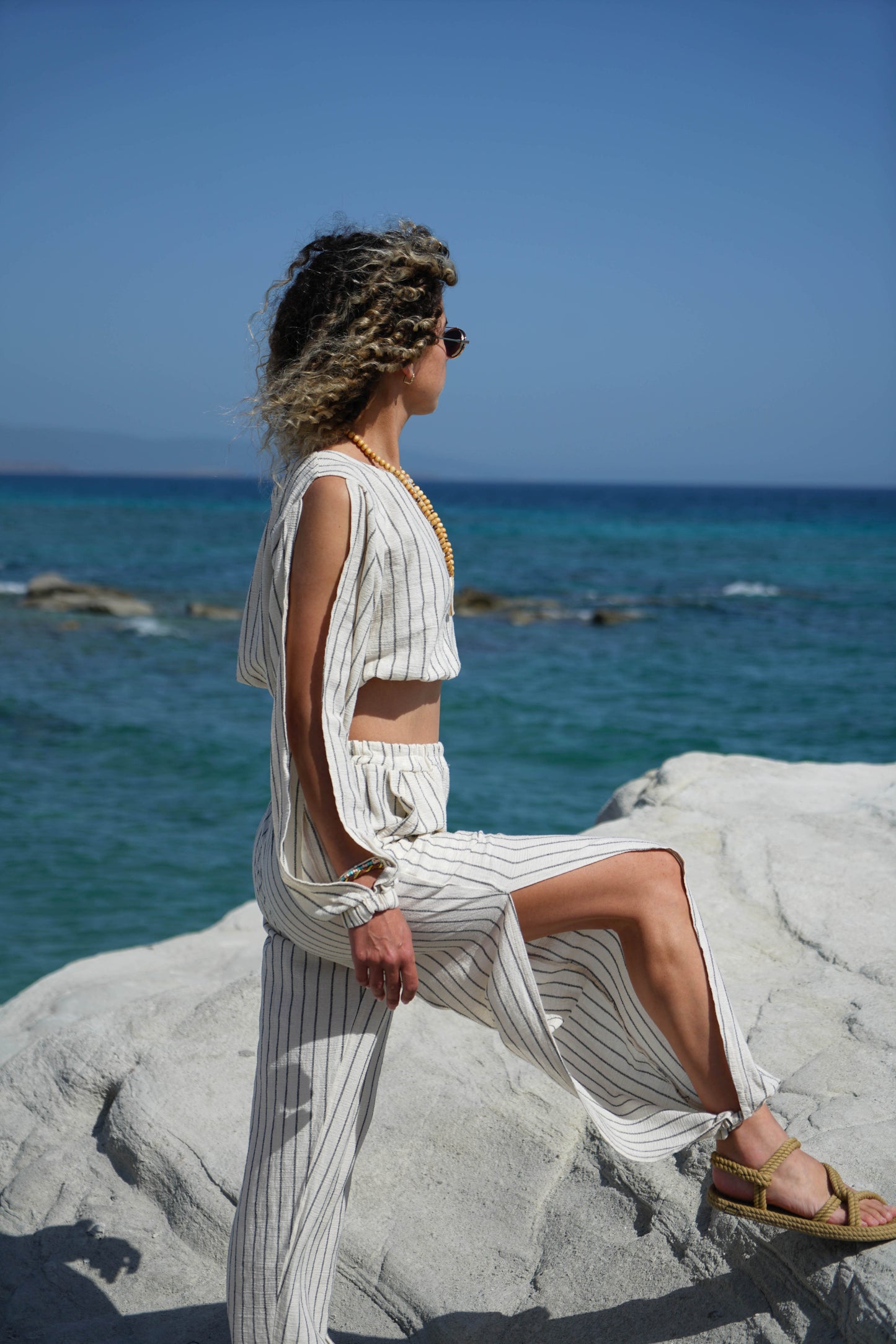 Aera Yoga Pants | Çizgili Şile Bezi Yırtmaçlı Şalvar Pantolon