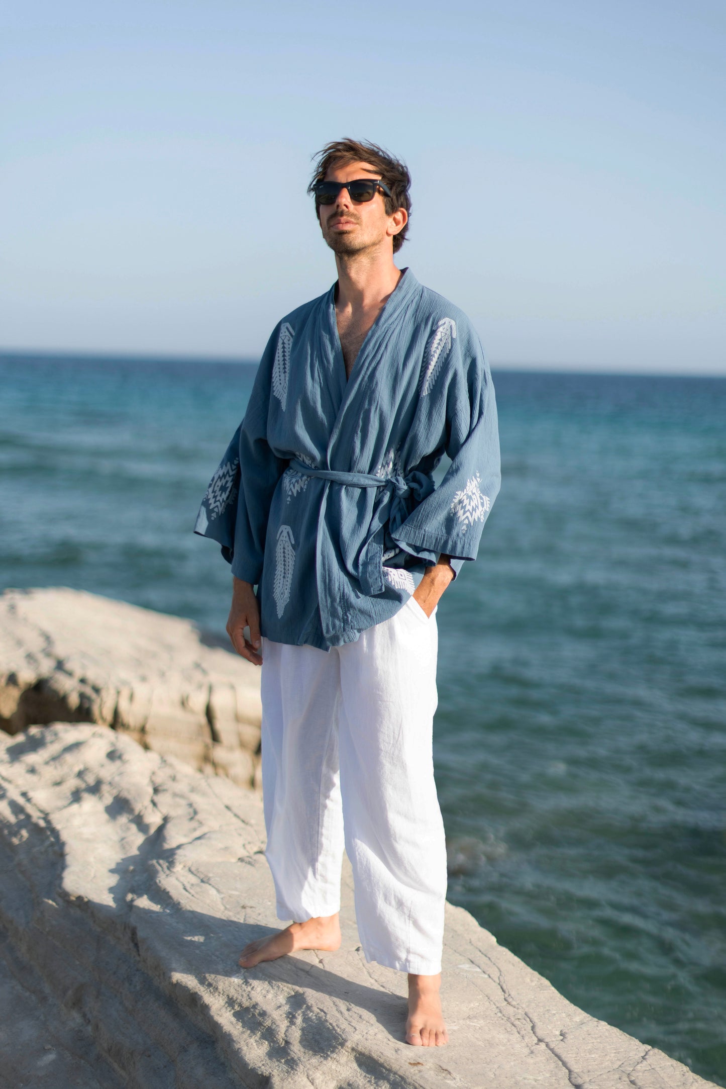 Etnik I Ahşap Baskılı Unisex Mavi Şile Bezi Kimono | %100 Pamuk | Ekolojik Boyalı