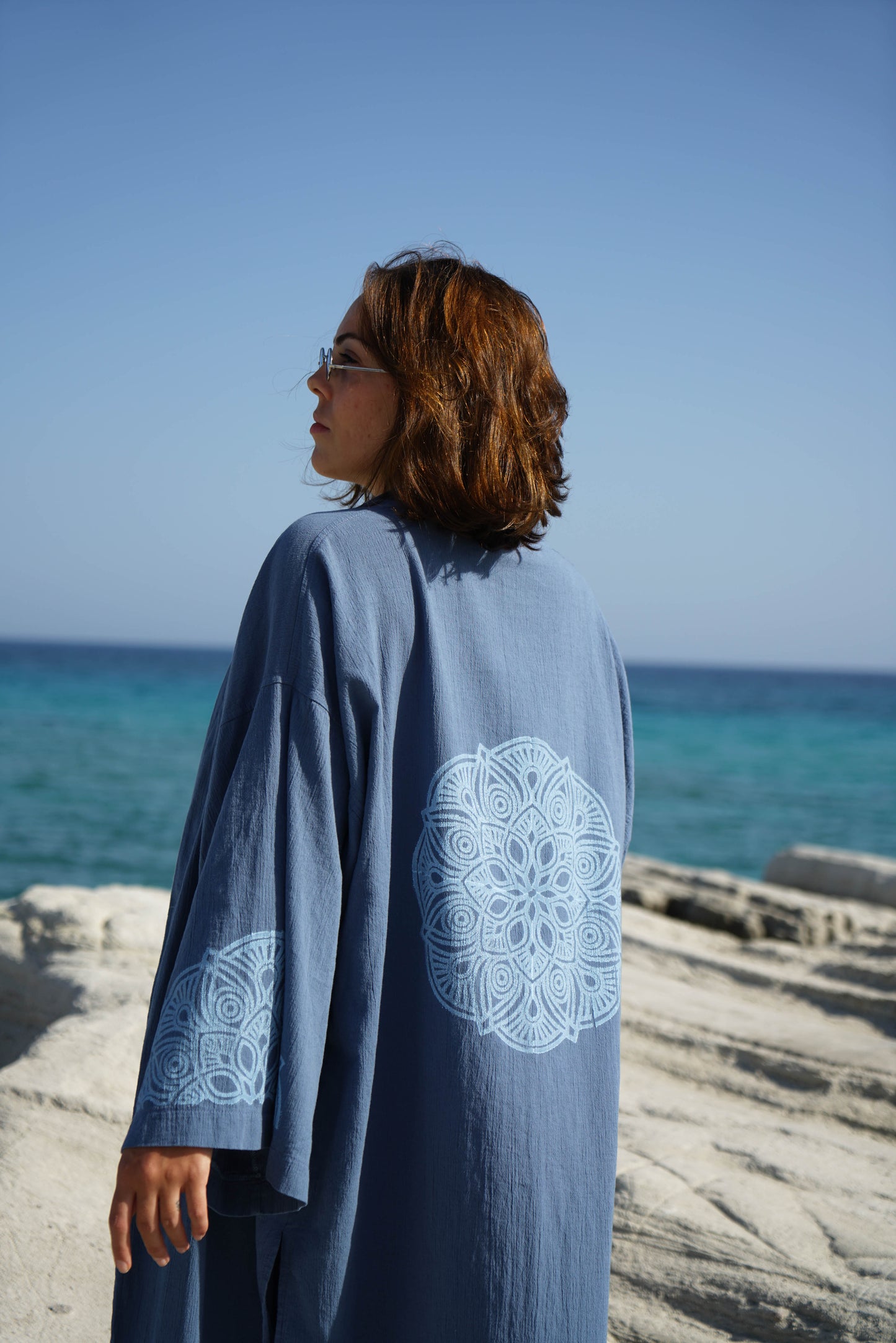 Mandala Kimono | Ahşap Baskılı Yırtmaçlı Uzun Kimono | %100 Pamuk Şile Bezi