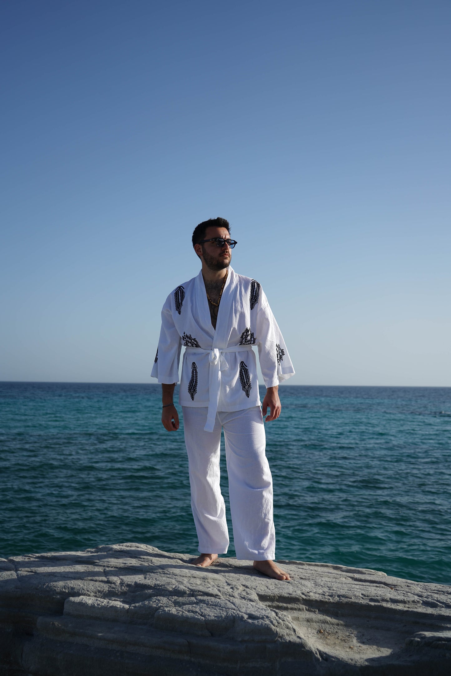 Etnik I Ahşap Baskılı Unisex Keten Kimono | Pamuk-Keten | Ekolojik Boyalı