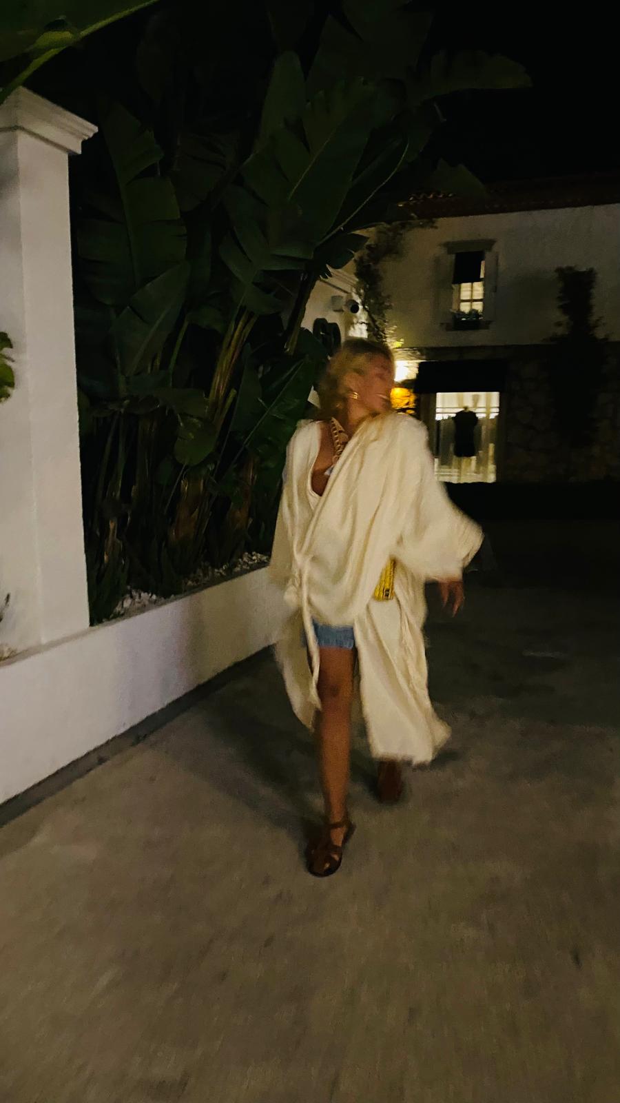 Ahşap Baskılı Yarasa Model Kimono Panço | İki Kat Müslin Kumaş, Krem Rengi | Etnik Desen