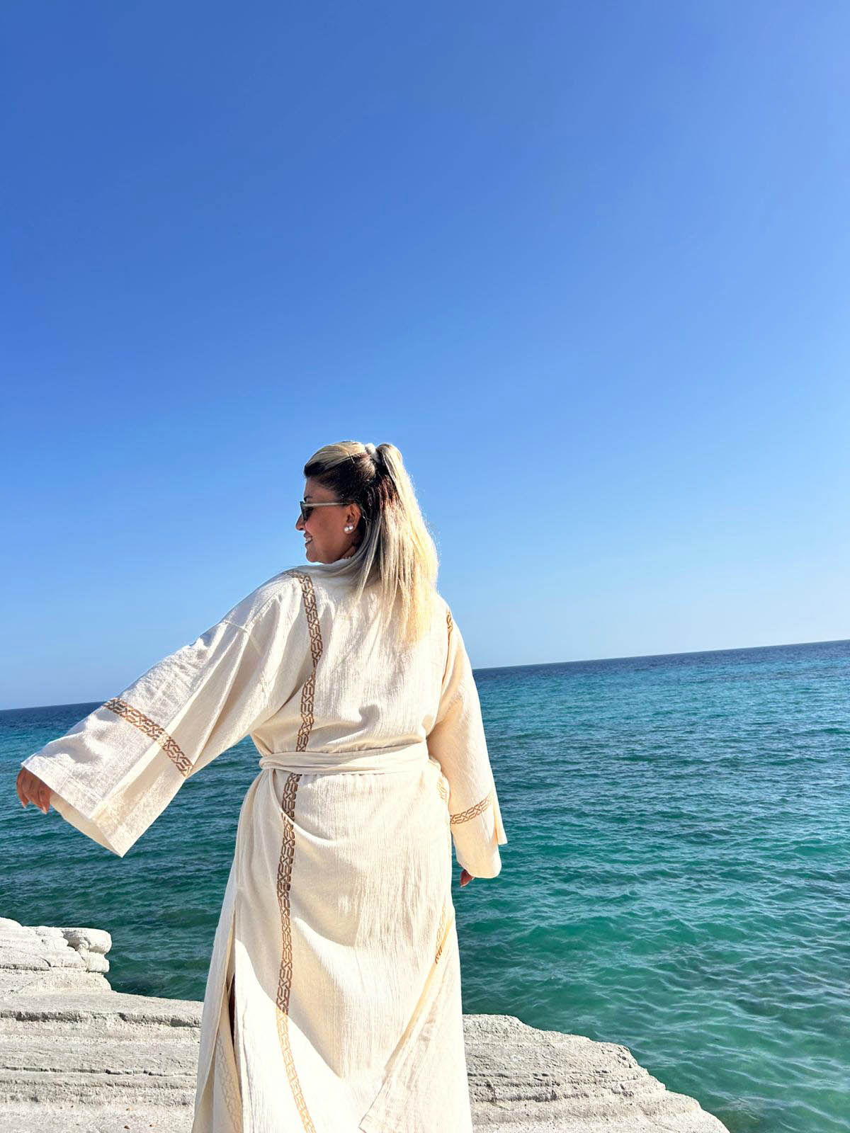 Su Yolu Ahşap Baskılı Yırtmaçlı Uzun Şile Bezi Kimono | %100 Pamuk | Ekolojik Boyalı