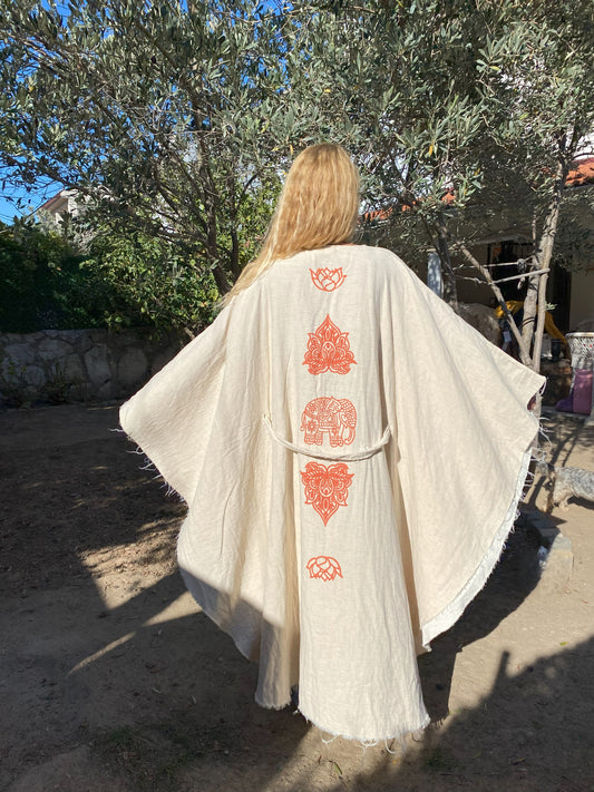 Ahşap Baskılı Yarasa Model Kimono Panço | İçi Müslin Dışı Keten | Lotus ve Fil desenli