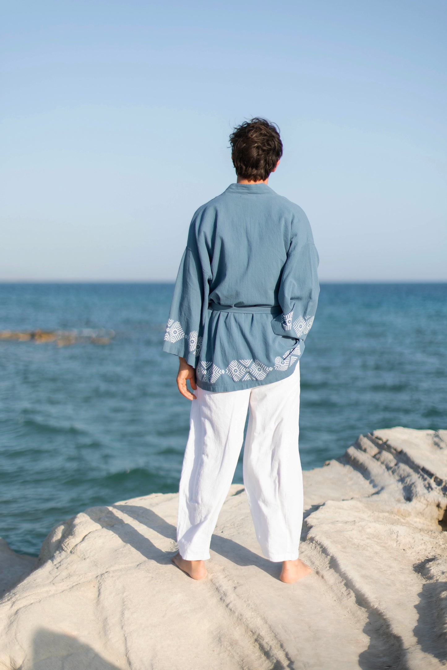 Etnik II Ahşap Baskılı Unisex Mavi Şile Bezi Kimono | %100 Pamuk | Ekolojik Boyalı