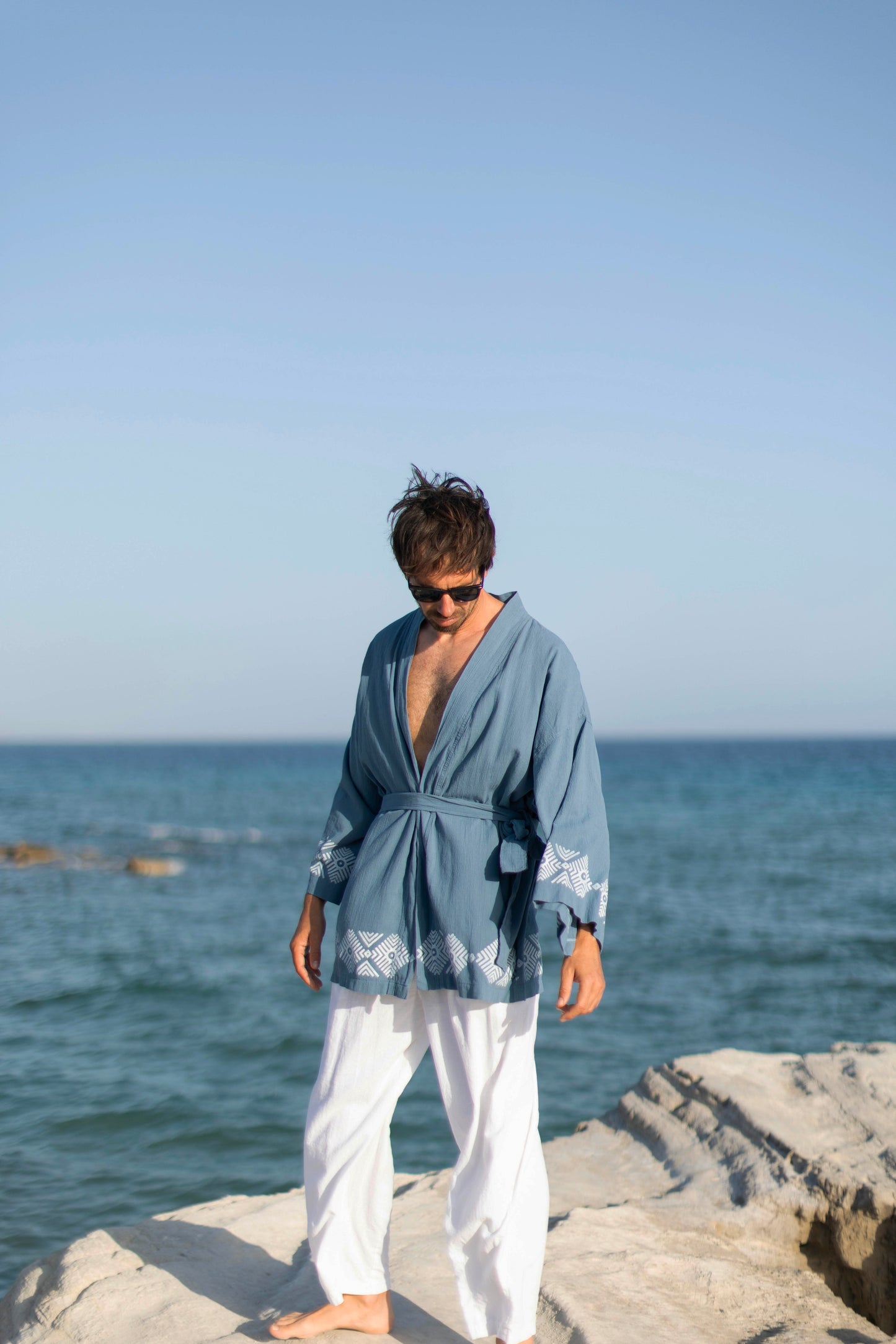 Etnik II Ahşap Baskılı Unisex Mavi Şile Bezi Kimono | %100 Pamuk | Ekolojik Boyalı