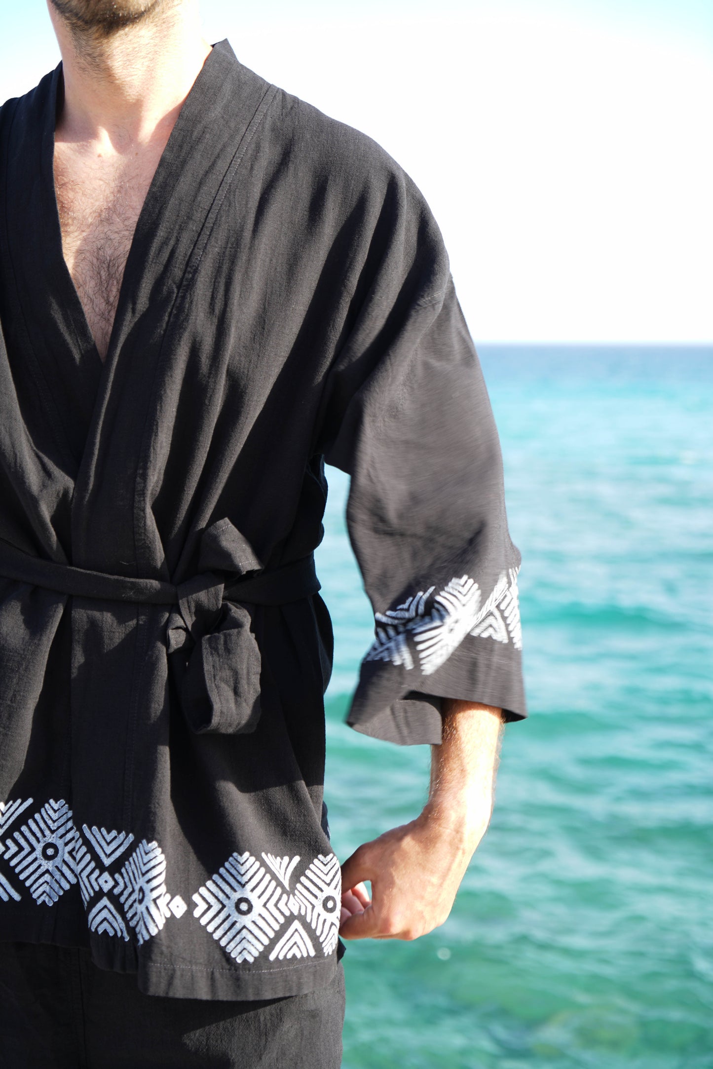 Etnik II Ahşap Baskılı Unisex Keten Kimono | Pamuk-Keten | Ekolojik Boyalı