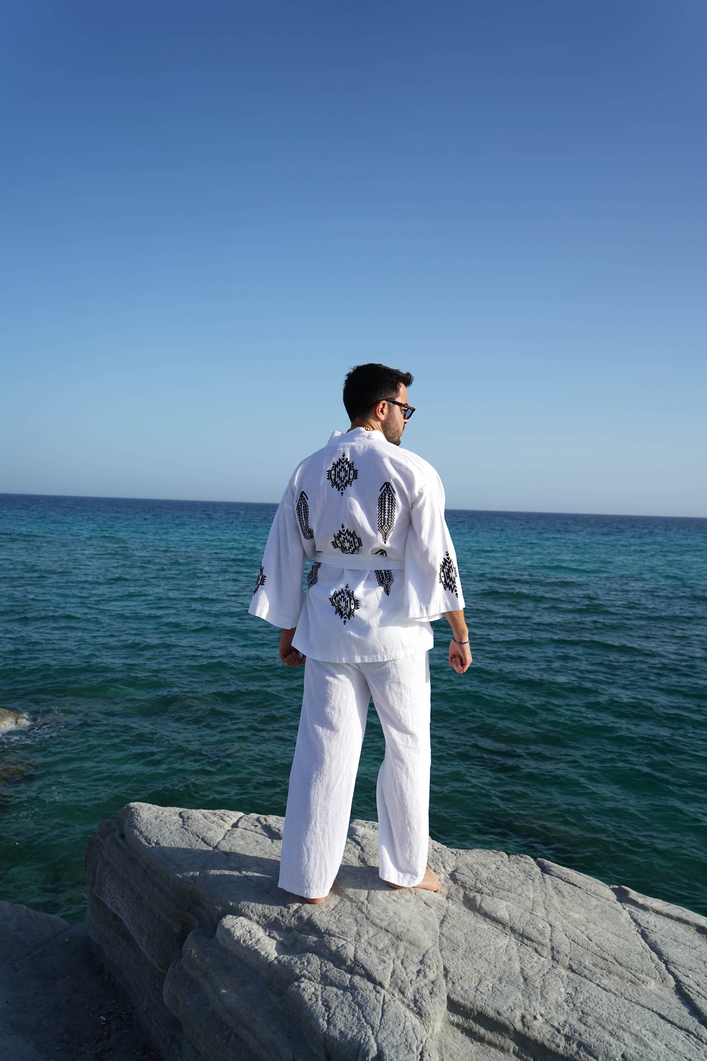 Etnik I Ahşap Baskılı Unisex Keten Kimono | Pamuk-Keten | Ekolojik Boyalı