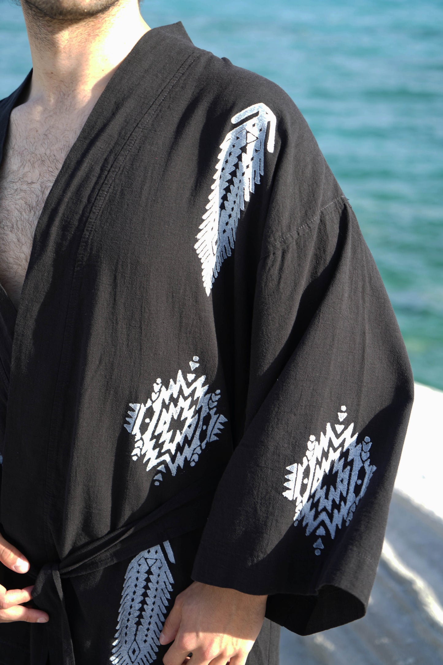 Etnik I Ahşap Baskılı Unisex Keten Kimono | Pamuk-Keten | Ekolojik Boyalı