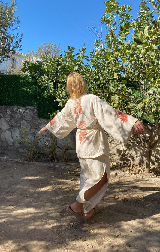 Ahşap Baskılı Kısa Kimono | İçi Müslin Dışı Keten | El Yapımı Desenler