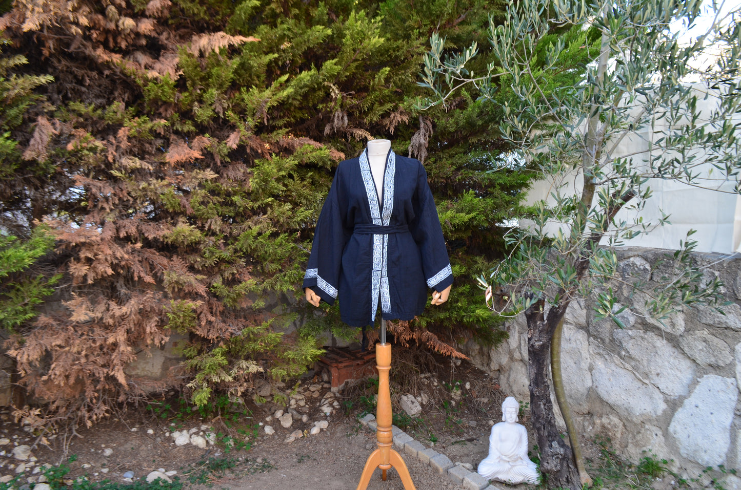 Su Yolu Baskılı Siyah Kısa Kimono