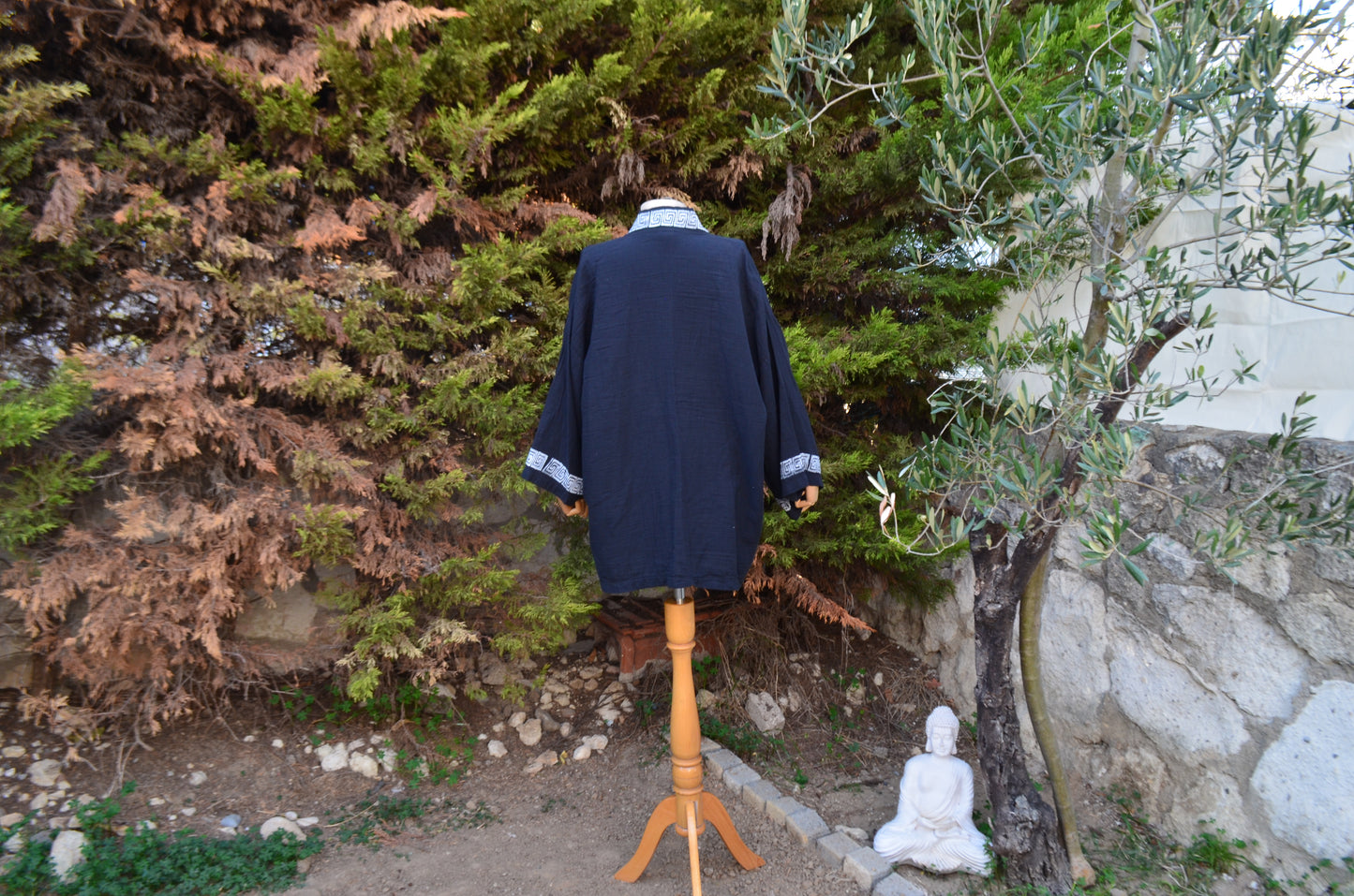 Su Yolu Baskılı Siyah Kısa Kimono