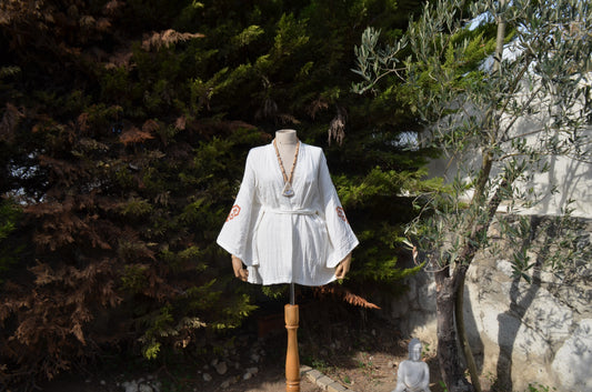 Etnik Baskılı Krem Kısa Kimono