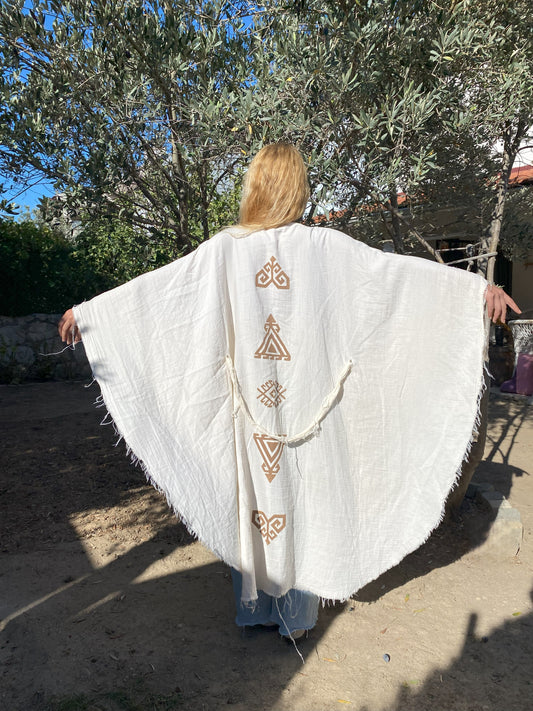 Ahşap Baskılı Yarasa Model Kimono Panço | İki Kat Müslin Kumaş, Krem Rengi | Etnik Desen