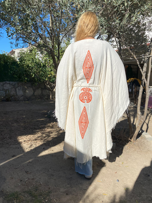 Ahşap Baskılı Yarasa Model Kimono Panço | İki Kat Müslin Kumaş, Krem Rengi | Etnik Desen II
