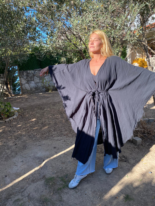 Yarasa Model Kimono Panço | İki Kat Müslin Kumaş Siyah Renk | Ayın Evreleri Çizimli