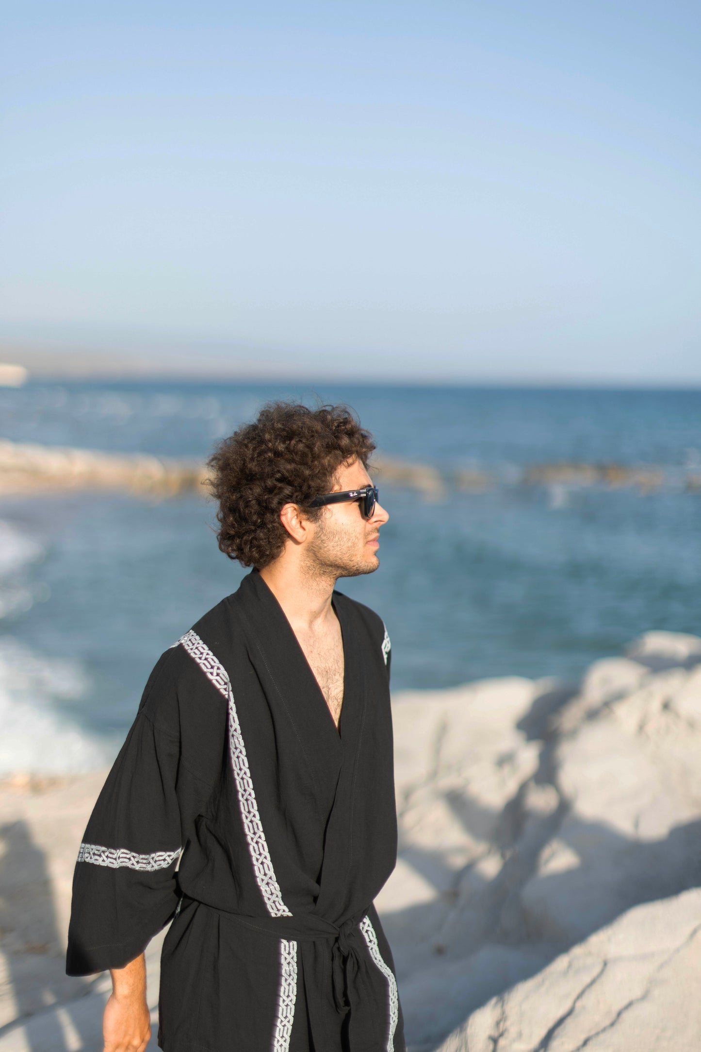 Su Yolu Ahşap Baskılı Unisex Keten Kimono | Pamuk-Keten | Ekolojik Boyalı
