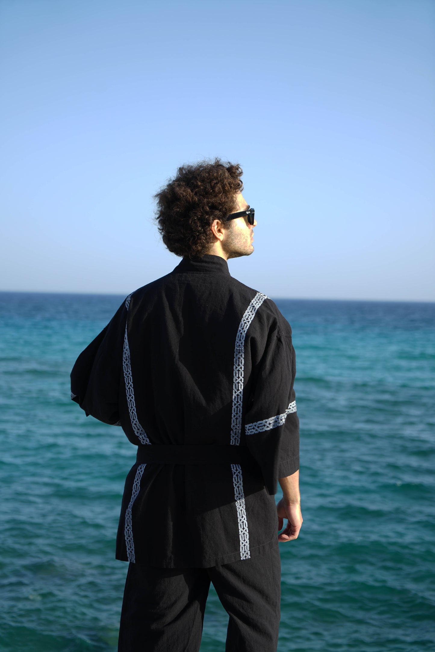 Su Yolu Ahşap Baskılı Unisex Keten Kimono | Pamuk-Keten | Ekolojik Boyalı