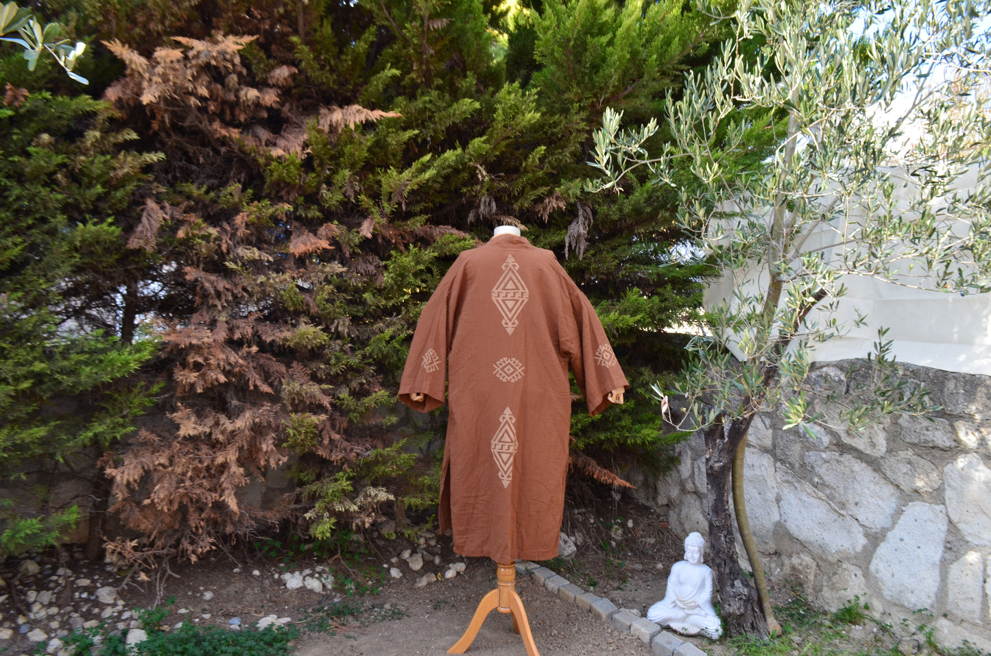 Etnik Baskılı Kahverengi Uzun Yırtmaçlı Kimono
