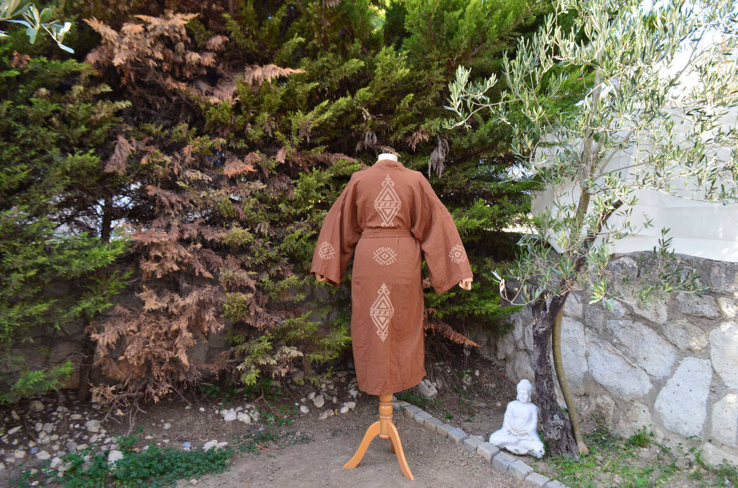 Etnik Baskılı Kahverengi Uzun Yırtmaçlı Kimono