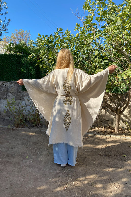 Ahşap Baskılı Yarasa Model Kimono Panço | İçi Müslin Dışı Keten | Etnik Desen