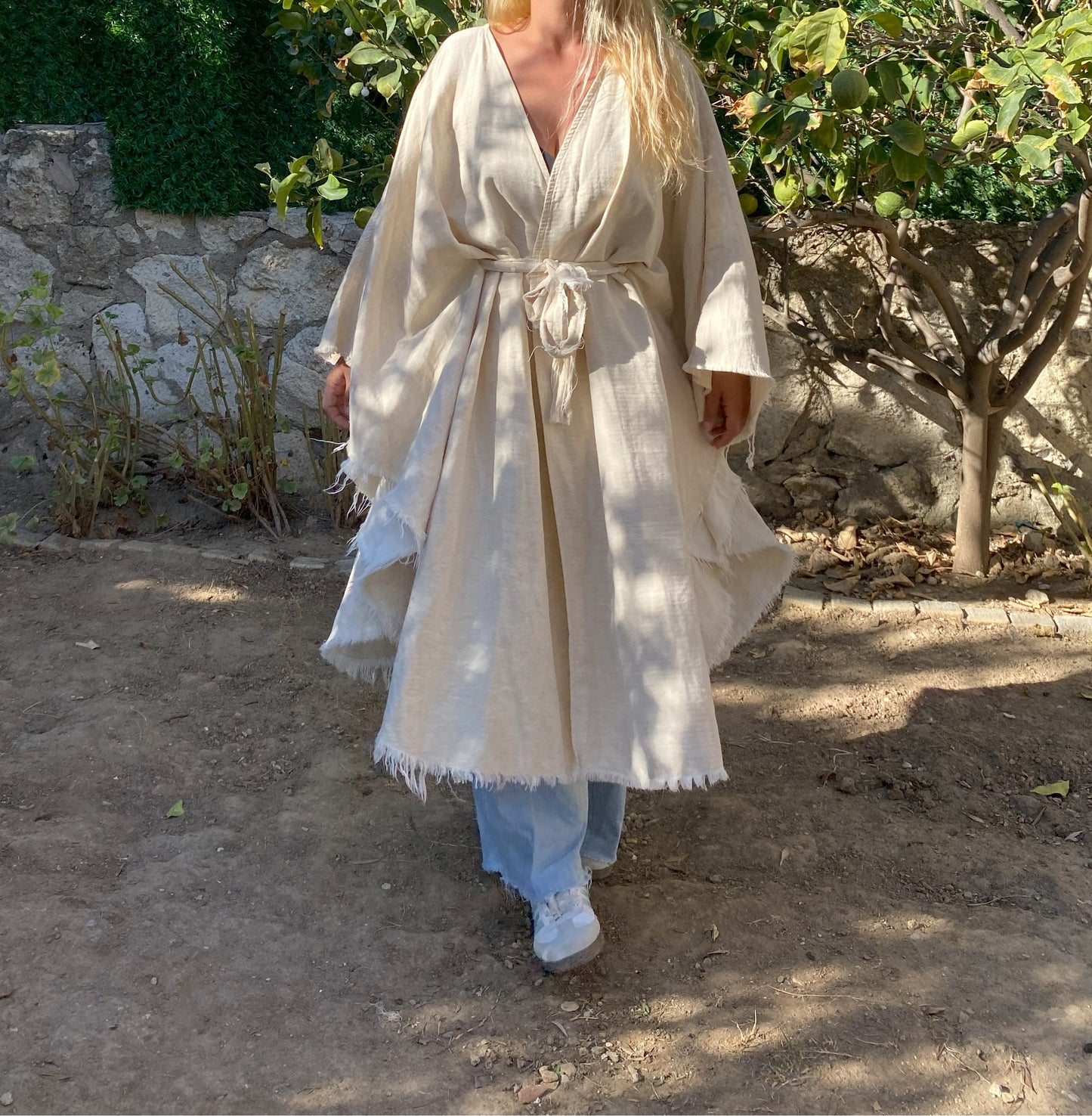 Yarasa Model Kimono Panço | İçi Müslin Dışı Keten | Güneş Çizimli